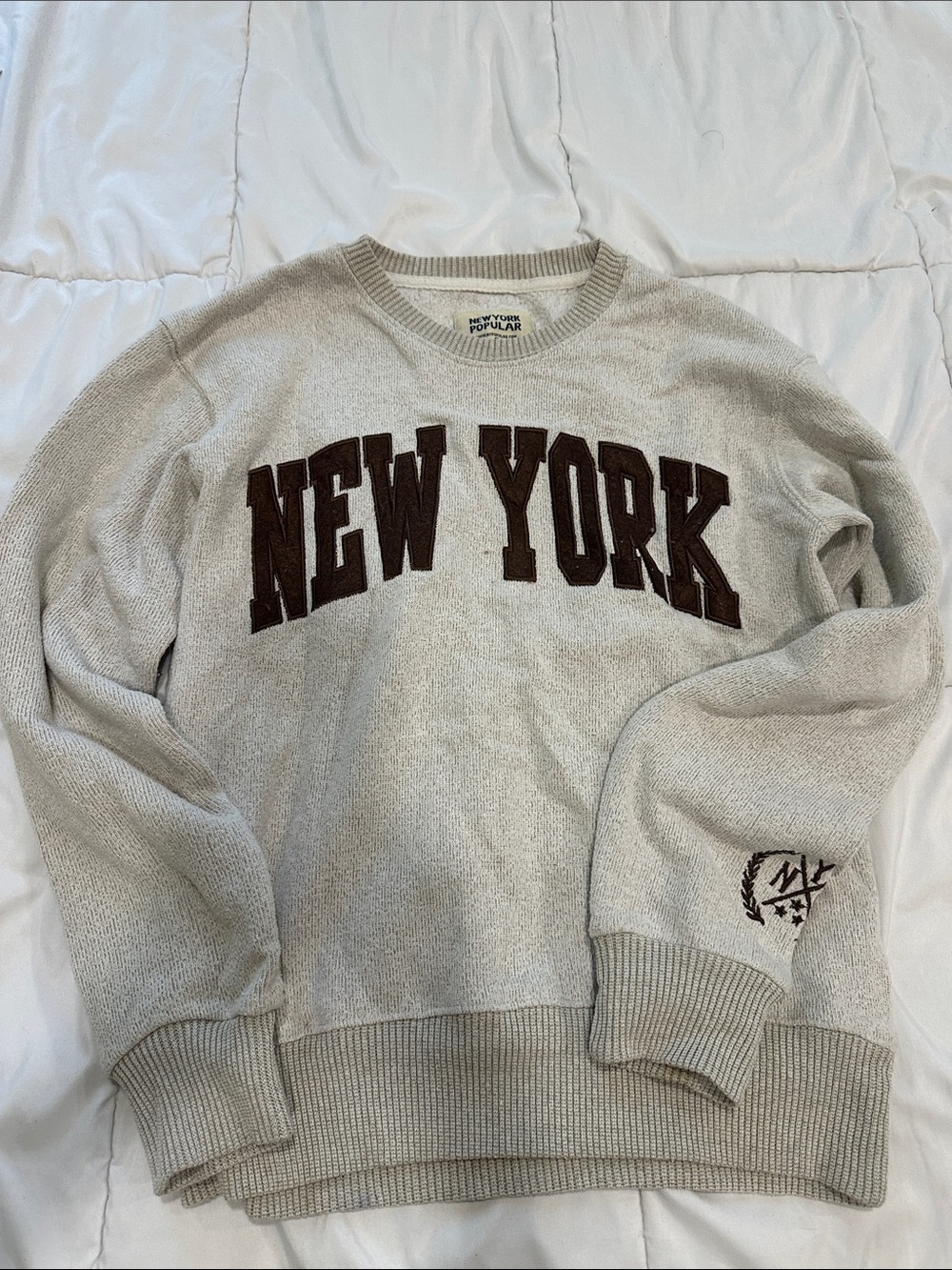 New York Embroidered Crewneck Sweater - Beige
